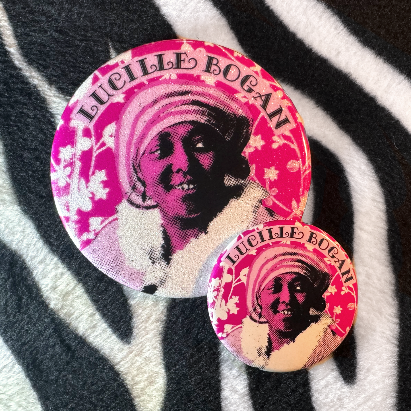 "LUCILLE BOGAN" pinback button