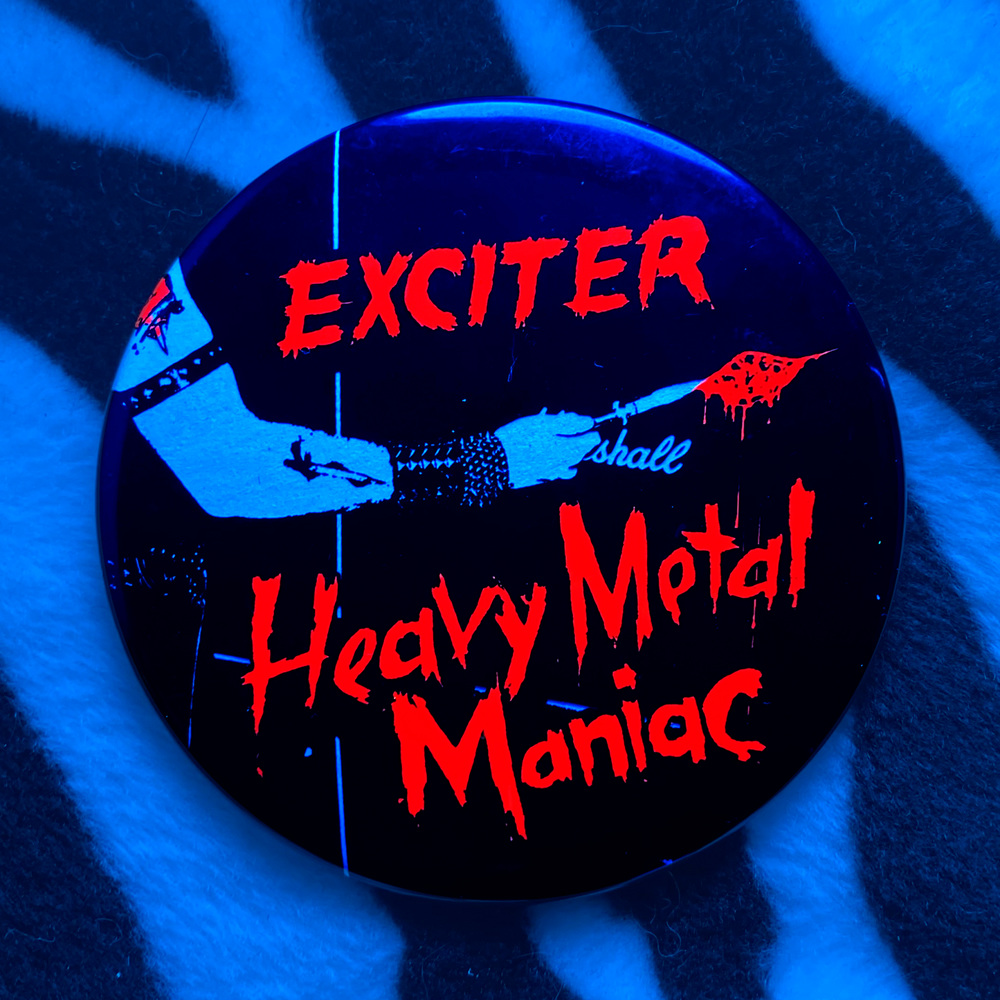 "HEAVY METAL MANIAC" blacklight pinback button