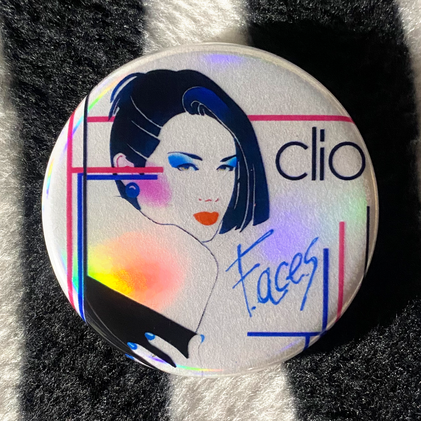 "CLIO - FACES" holographic pinback button