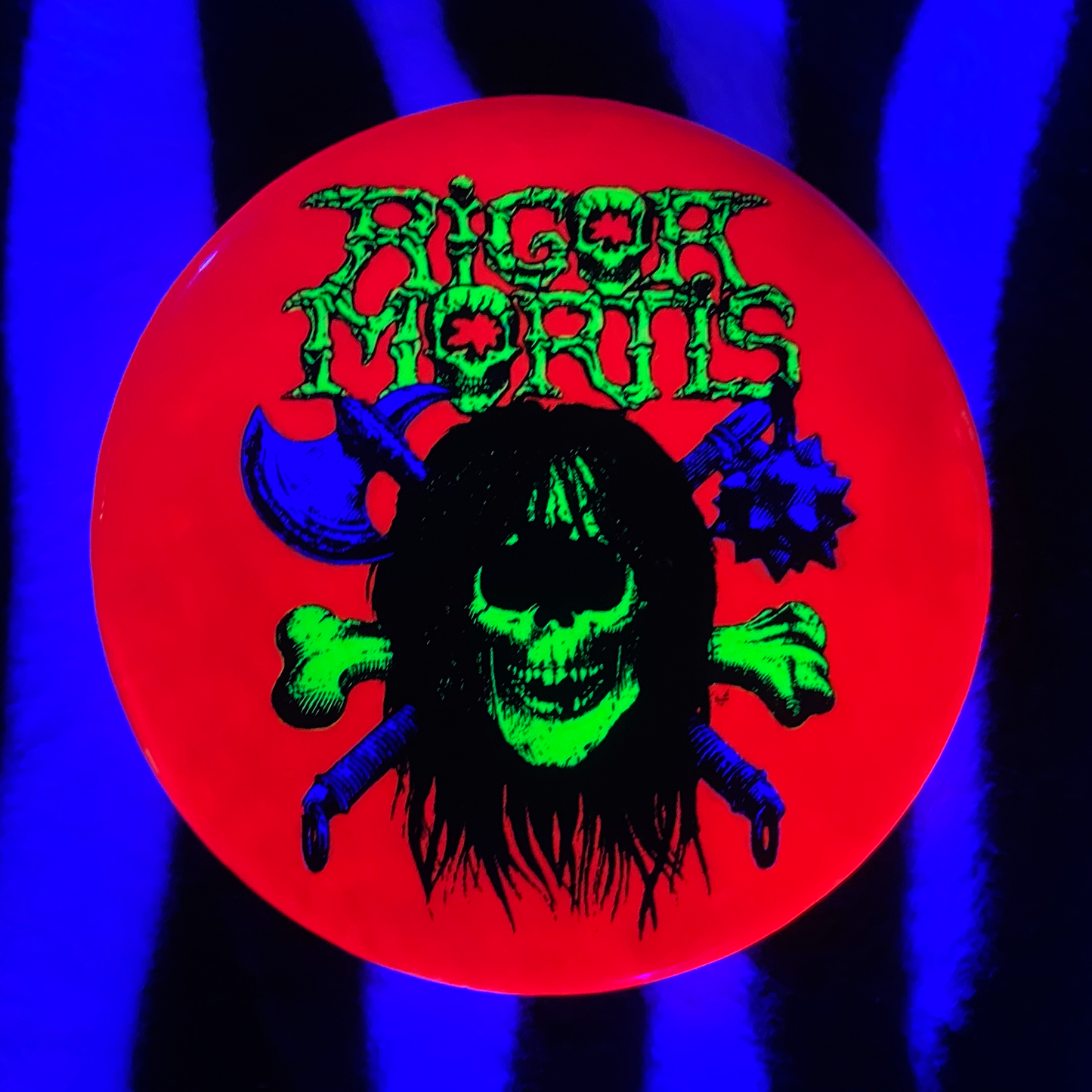 "RIGOR MORTIS" blacklight pinback button