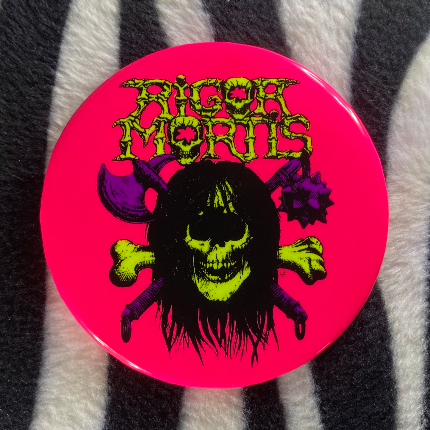 "RIGOR MORTIS" blacklight pinback button