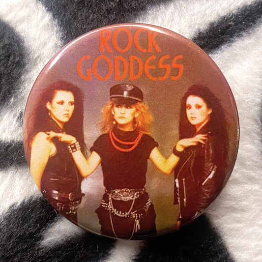 "ROCK GODDESS - HEAVY METAL ROCK 'N' ROLL" pinback button